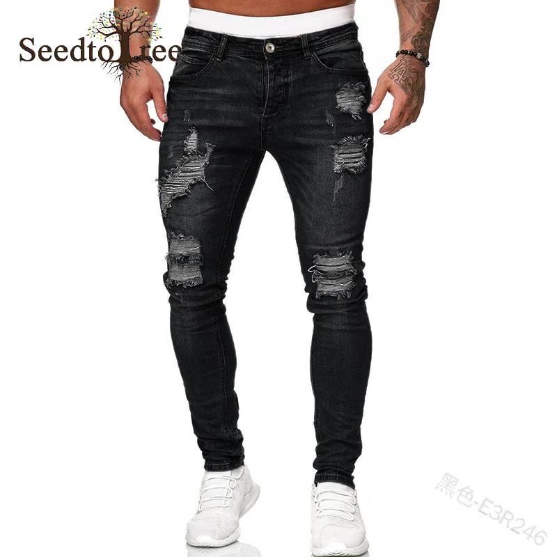 Solid color Hole Casual Men's Jeans Pencil Pants Slim Denim Trousers