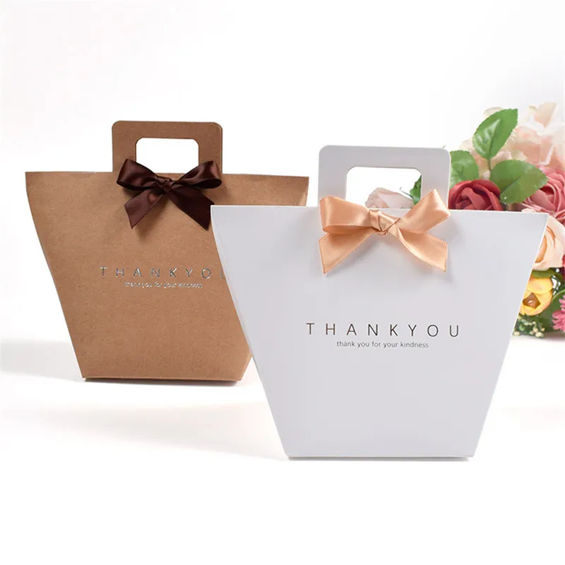 

10/20/50pcs Brown White Kraft Paper Gift Bags "Thank You" With Ribbon Handles Candy Box Bag Package Wedding Birthday Party Favor