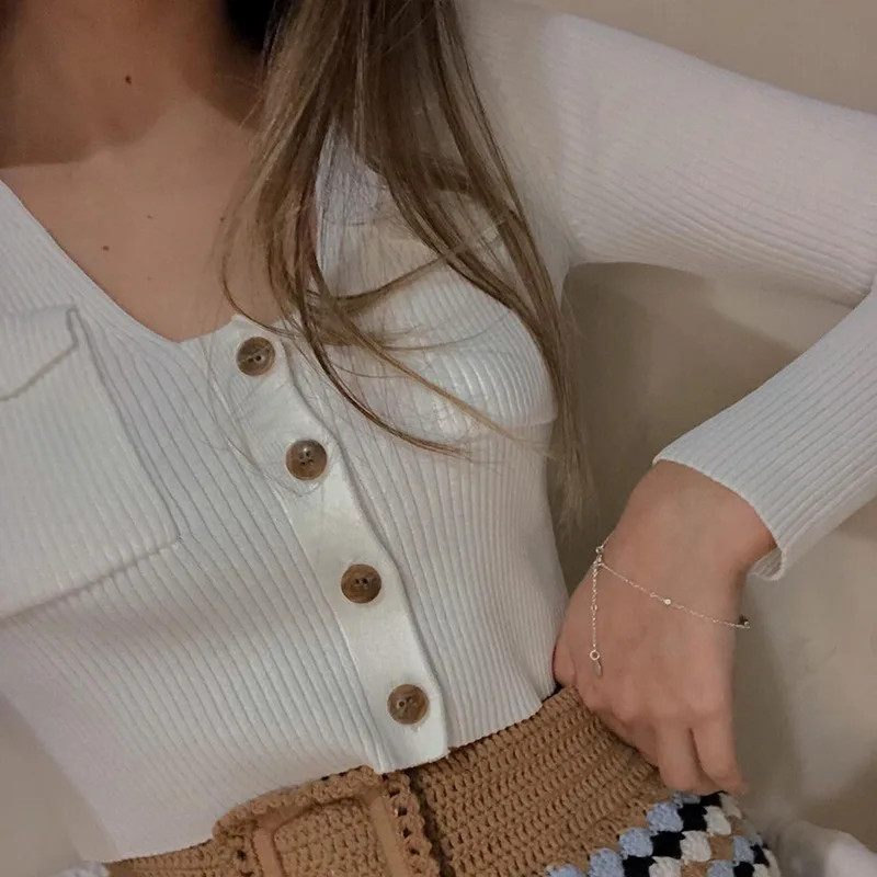 

SEASONS Korean Casual Crop Tops Knitted Fabric Short T-Shirts Single-Breasted Solid Color For Fashion Women Daily Wear ASTS84017