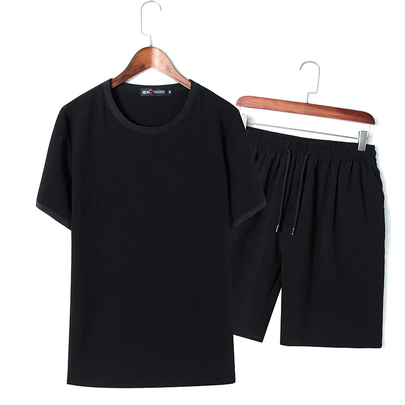 

Summer wrinkle Linen men big o-neck t shirt sets Chinese style fat guy plus size men's Casual short-sleeve T-shirt 2 pcs 9XL 8XL