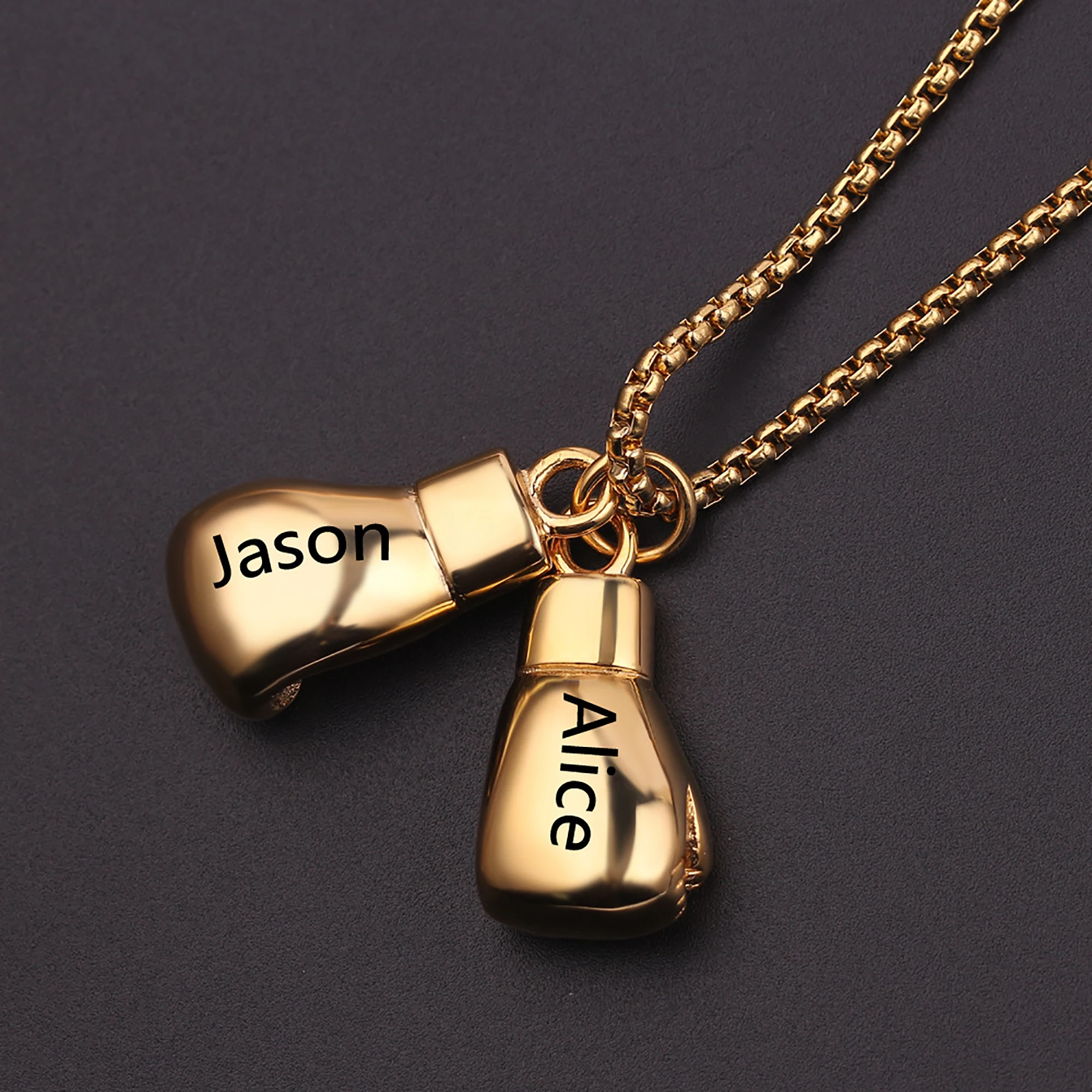 

New Personalized Gold Stainless Steel Clavicle Chain Hip Hop Sports Jewelry Custom Name Text Boxing Gloves Pendant Necklace Gift
