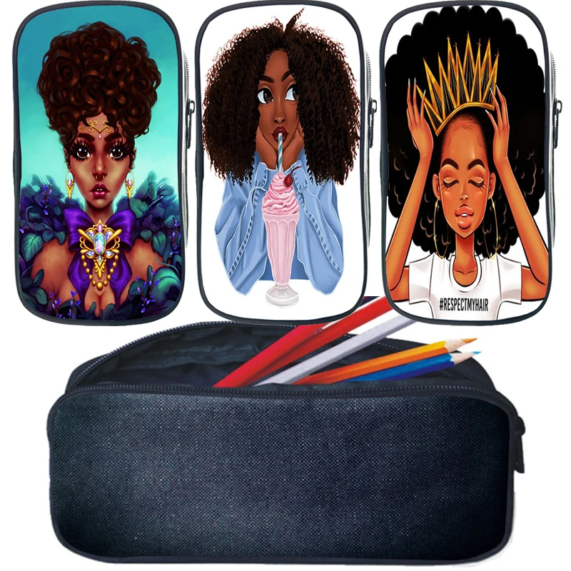 

Children Afro Lady Girl Pencil Case Cartoon Pen Bag Kids Black Girl Makeup Bag Cosmetic Cases School Case Toys Organizer Box