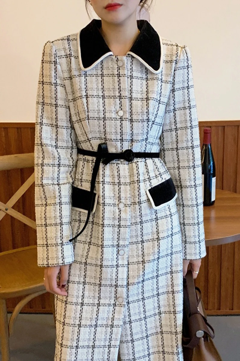 

abrigos mujer 2020 autumn winter korean clothes tweed jacket plaid elegant belted woolen coat woman parkas trench coat women