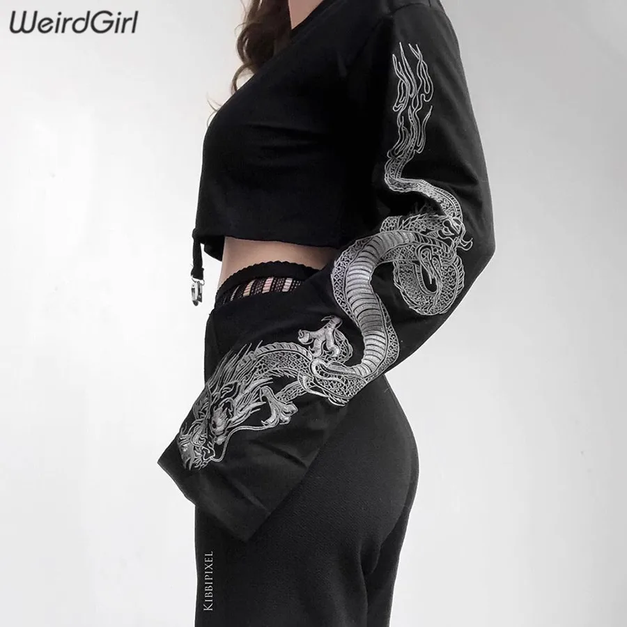 Weirdgirl женские толстовки с принтом дракона модные повседневные женские свободные короткий топ пуловер Свитера уличная новая осенняя одежда