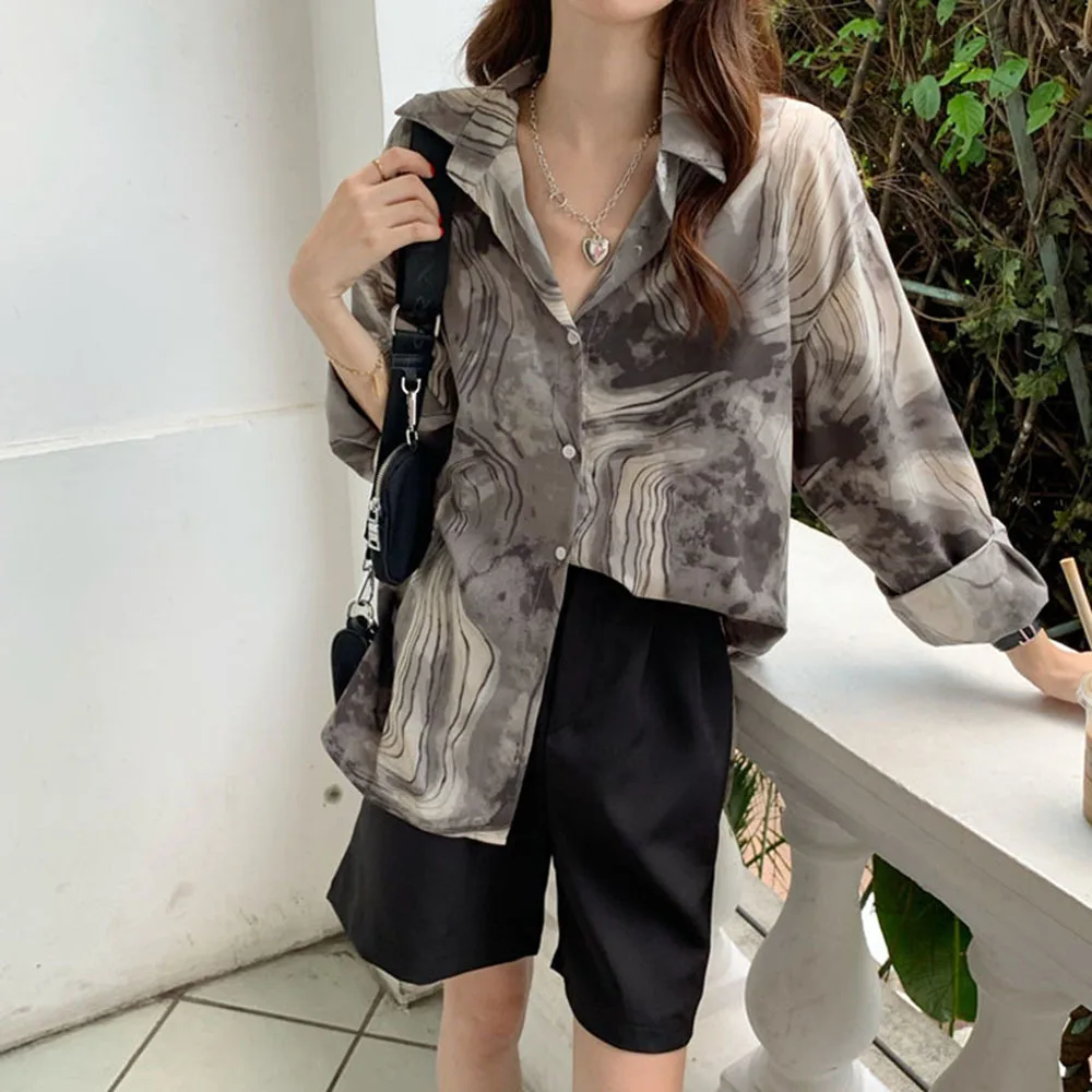 

Retro Ink Print Long-sleeve Top Shirt Women Spring And Autumn 2021 New Fashion Loose Personality Unique Niche Blouse