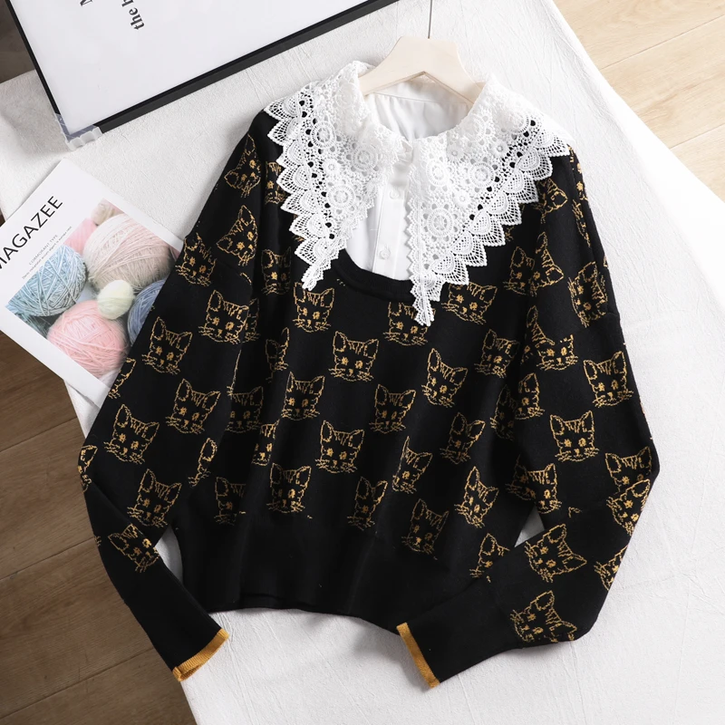 

Single poem domestic sweater coat fall 2021 new lace collar joker cat sweater fashion female