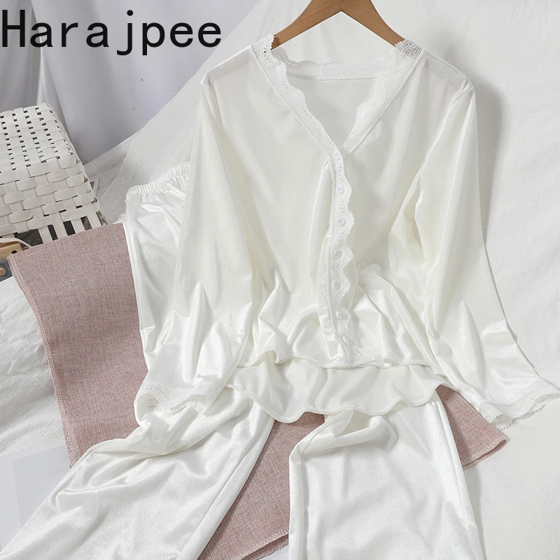 

Harajpee Women Velvet Pajamas V-neck Single Breasted Patchwork Slim Wide Leg Pants All-match Korean Autumn Winter New Homewear