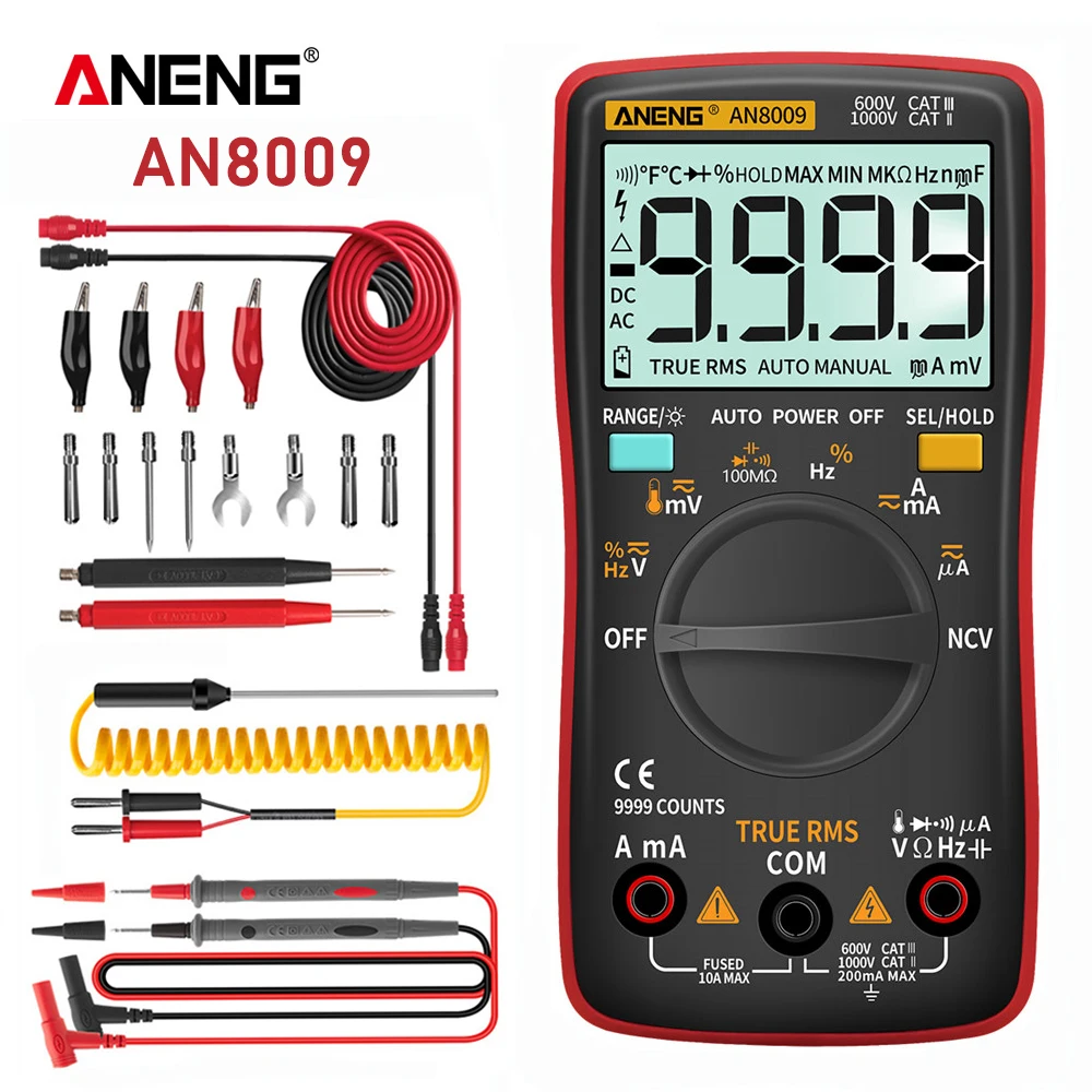 Aneng AN8009デジタルマルチメータオートレンジ9999カウントとバックライト電気容量メーター温度ダイオードトランジスタテスター