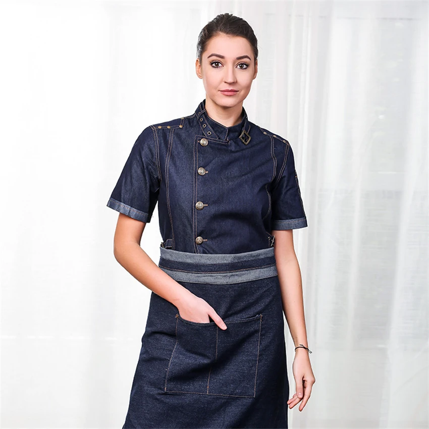

Hight Quality Man Denim Cotton Chef Uniform Kitchen Restaurant Bakery Work Clothes Jacket with Apron Food Service Cook Coat