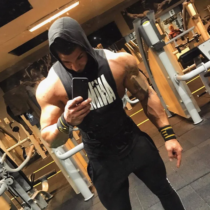 

2019 New Men Bodybuilding Cotton Tank top Gyms Fitness Hooded Vest Sleeveless 482