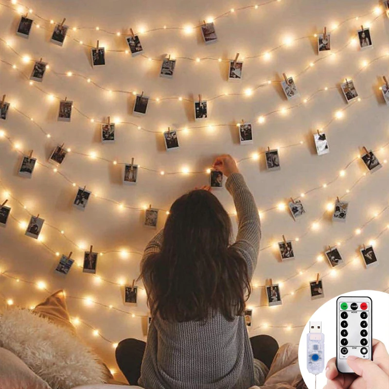 

5m/10m USB LED Remote Control Photo Clip String Lights Christmas Garland With Clothespins For Bedroom Room Decoration Lights