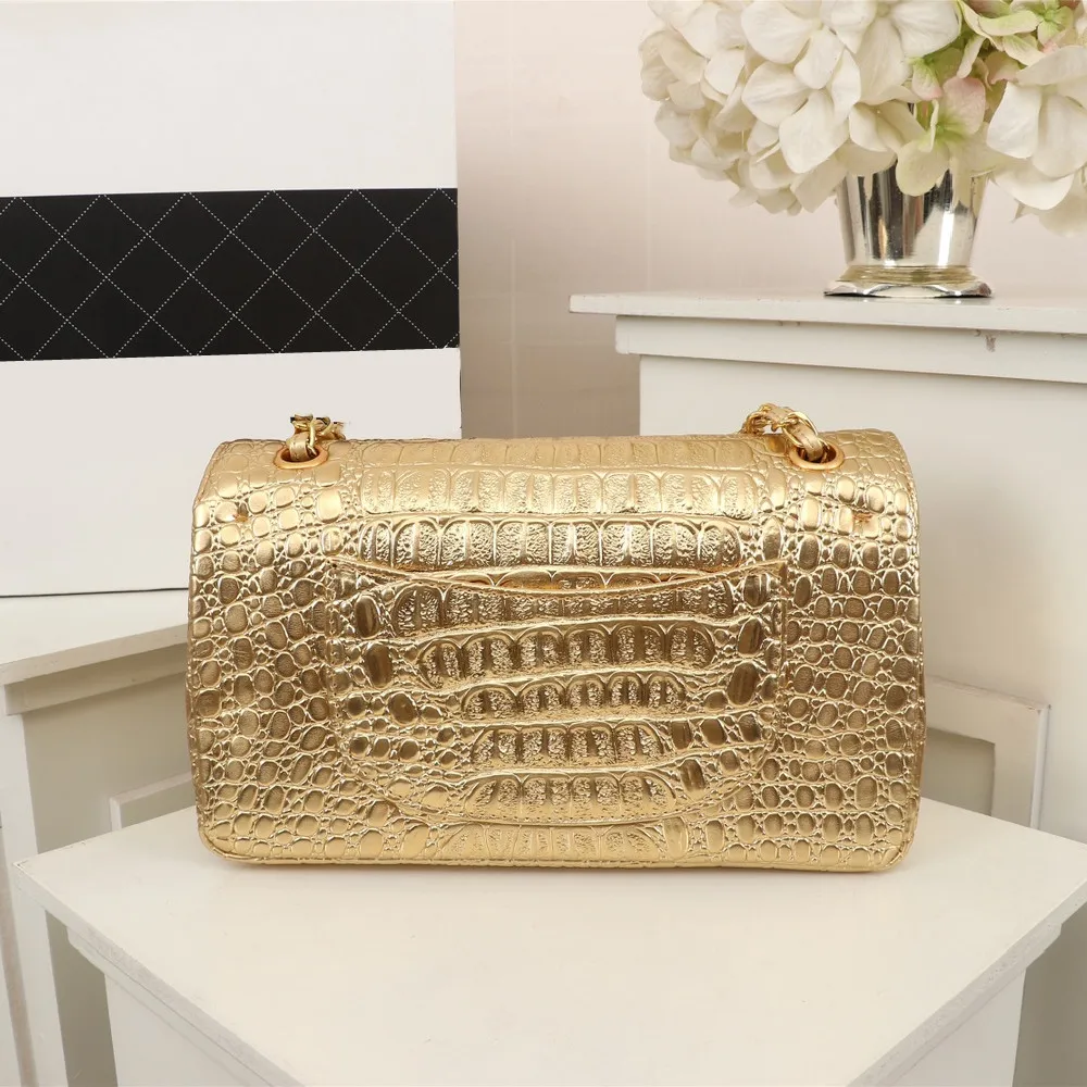 

Ladies classic crocodile pattern gilt buckle chain double flap single shoulder messenger bag