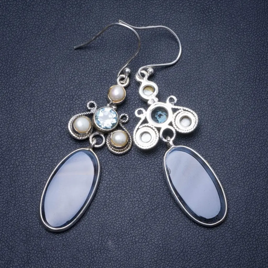 

Natural Botswana Agate,River Pearl and Blue Topaz Handmade Unique 925 Sterling Silver Earrings 2.5" Y0577