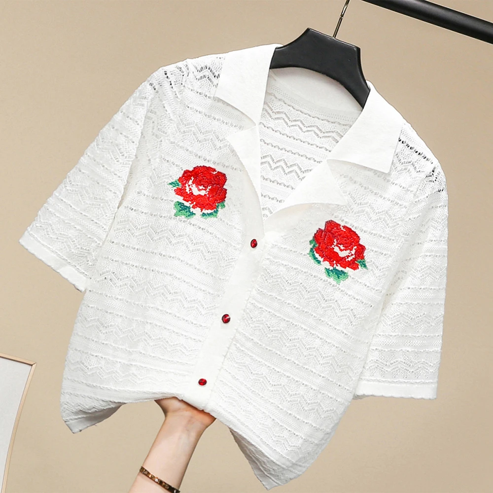 

Casual Summer Embroidery Flower Beading Buttons Knitted Sweater Cardigan Women Fashion White Black Short Sleeve Top Thin Tops