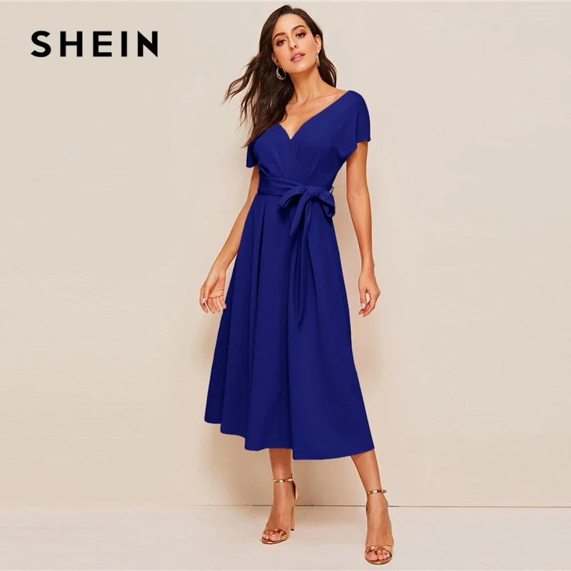 SHEIN застежкой-молнией на спине верхняя часть шеи с поясом, платье с пышной юбкой элегантная женская летняя обувь с цветочным рисунком топ с глубоким V-образным вырезом платье с высокой талией