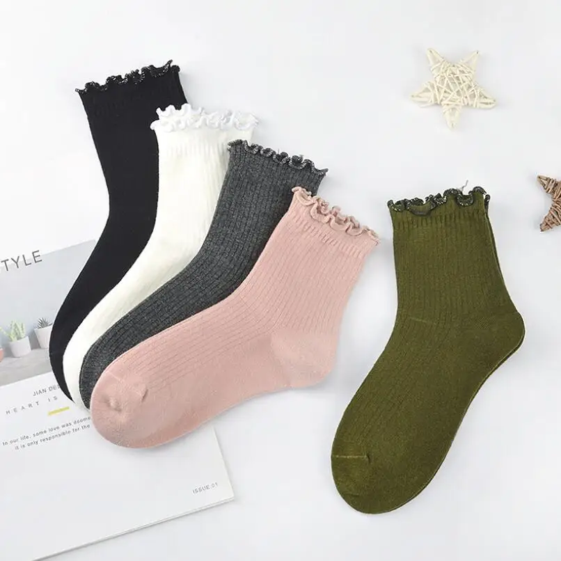 Lurex Cuff Cotton Socks for Women Warm Thick Solid Plain Crew Socks 9 Pairs Wrinkled Spring Winter Ankle Socks