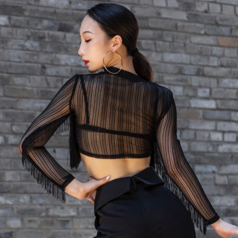 Женские топы для танцев отделанный бахромой латинский сексуальная прозрачная