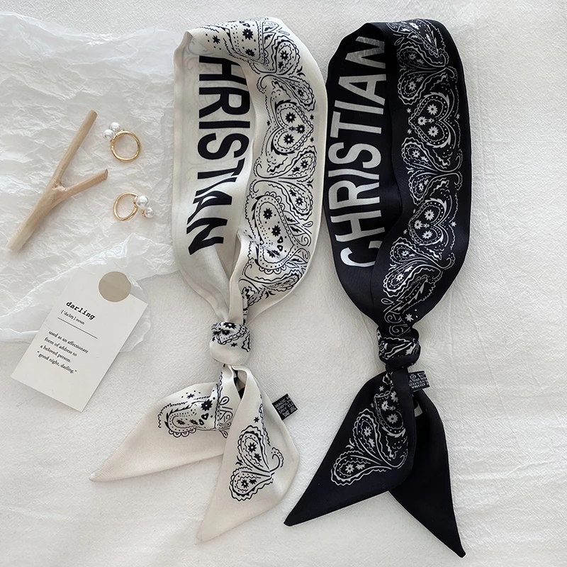 

Luna&Dolphin Women Narrow Long Scarf 100x6cm Chic Letter Print Paisley Vintage Twill Satin Silk Feeling Bag Ribbon Headbands