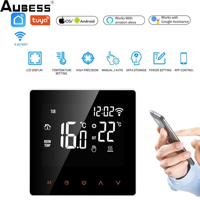 

Aubess Tuya WiFi Smart Thermostat LCD Display Touch Screen for Electric Floor Heating Water Boiler Temperature Remote Controller