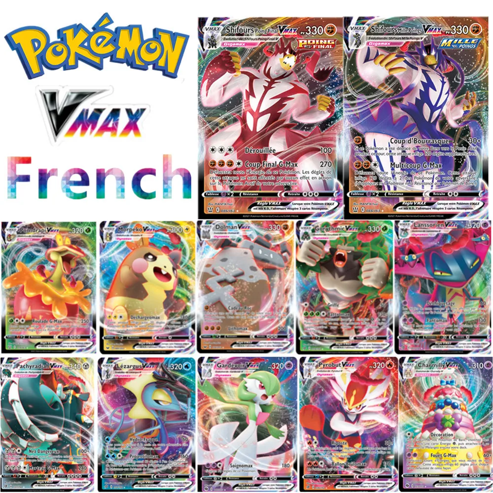 

Anime Pokemon French Cards 100 Pcs / Set Vmax Sword & Shield shining fates Battle Styles Game Collection Cards Toys Gift