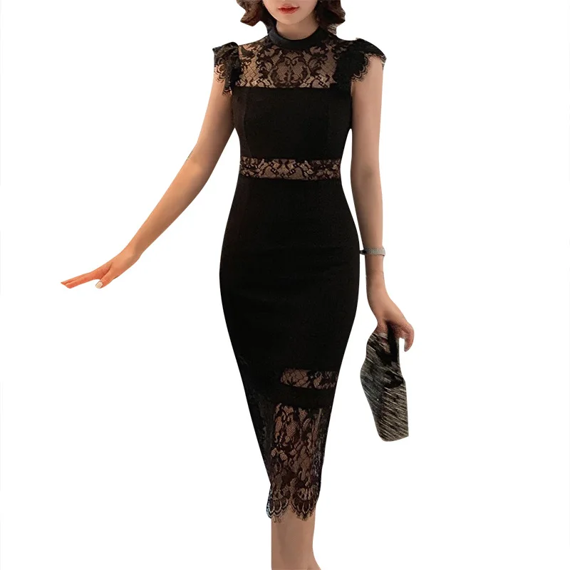 

Summer Black Pencil Dresses O Neck Sleeveless See-Through Lace Dress Women Office Bodycon Sexy Party Midi Ladies Dress Vestidos