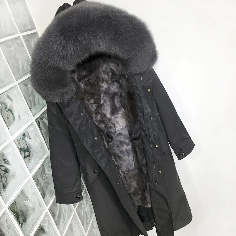 Plus Size Real Fur Coat Waterproof Parka Mujer Winter Jacket Women Natural Fox Fur Collar Liner Hood Thick Warm Outerwear Hat - Color: Xlong Grey