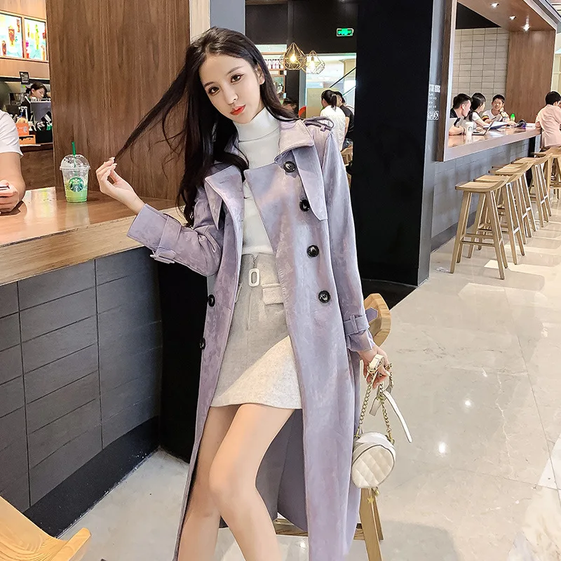 

Deer skin long coat 2020 autumn and winter new Korean double-breasted was thin over the knee waist jacket women