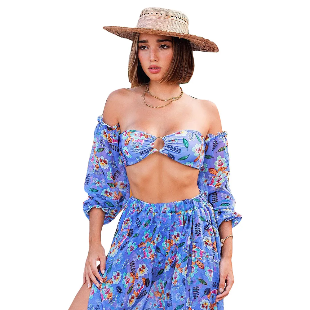 

2021 swimsuit three piece skirt with split bikini high waist print