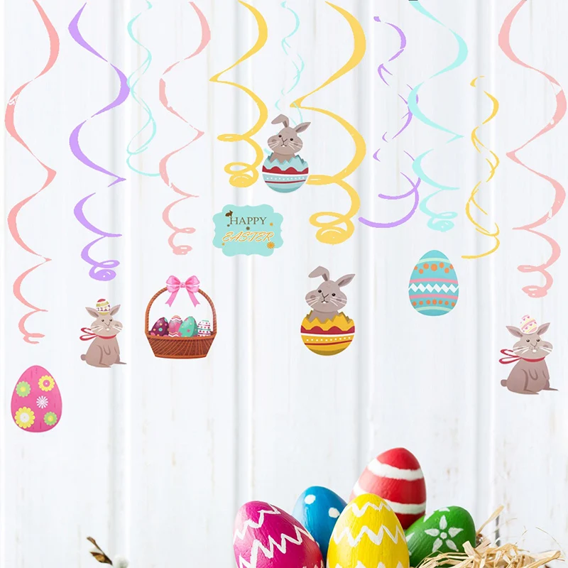 

8PCS/pack Beautiful Easter Decoration Easter Cartoon Bunny Eggs Basket Macaron Spiral Hanging Swirls Easter Party Supplies