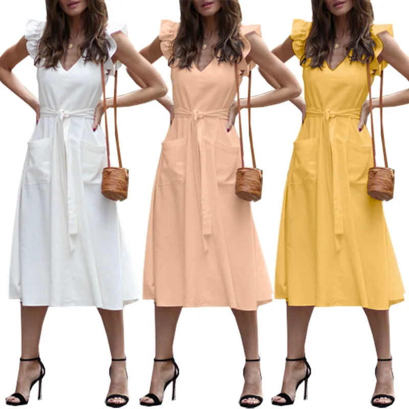 Женское ТРАПЕЦИЕВИДНОЕ ПЛАТЬЕ МИДИ однотонное летнее платье с оборками на