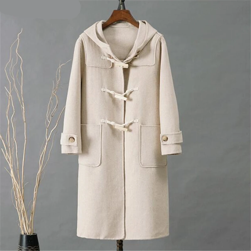 

Autumn Winter Fashion New Mid-Length Hooded Long-Sleeved Solid Color Double-Sided Woolen Woolen Coat Female Trendy H388