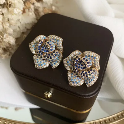 

Gradient Blue Luxury Rose Earrings For Women Gorgeous Camellia Earrings Exaggerated And Elegant Flower Accessories 2021 Style