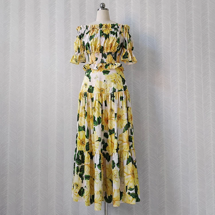 

Designer Women Summer Outfits 2021 Runway Fashion Puff Sleeve Elastic Short Tops + Long Skirt Yellow Flower Print 2 Piece Sets