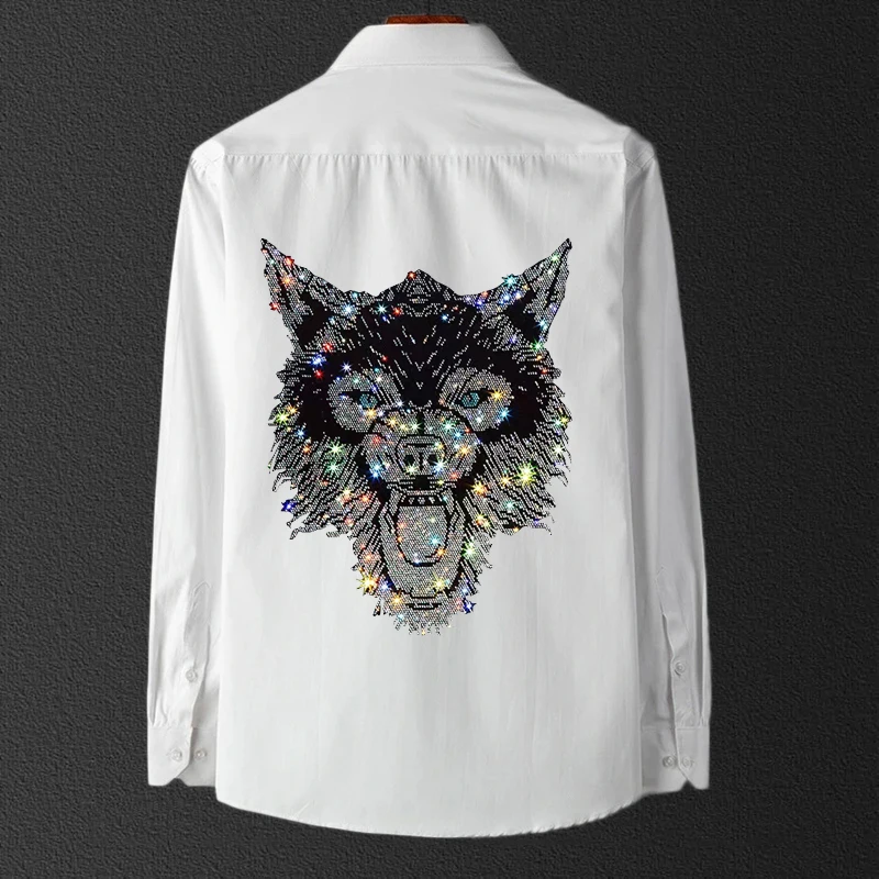 Long Sleeve T-Shirt Suitable for Men's Office Business White Hot Diamond Button Blouse Lapel Design Spring Male High Quality Top