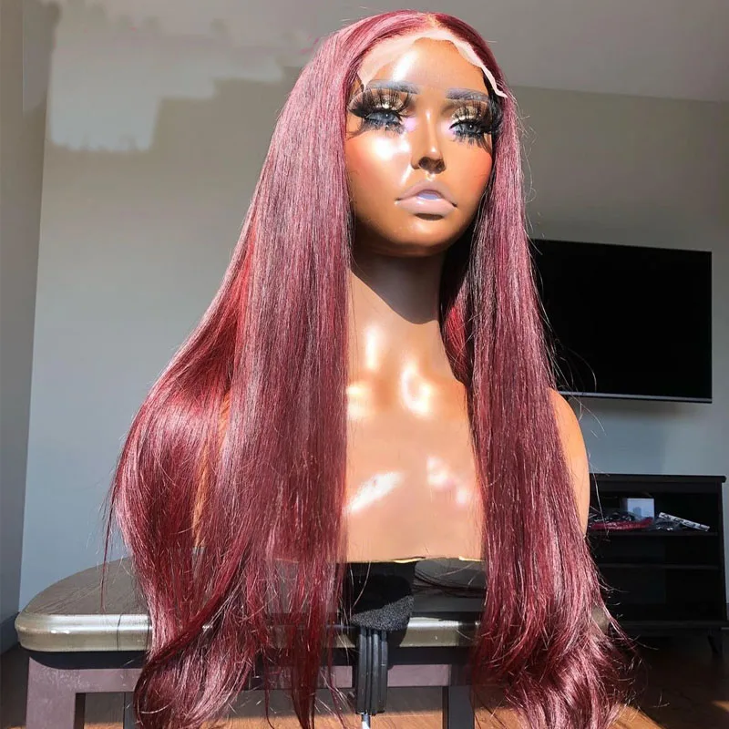 26 Inch Long Burgundy Straight Synthetic 30# Lace Front Wig For Black Women With Baby Hair Daily Wear Wig 180% Density Cosplay