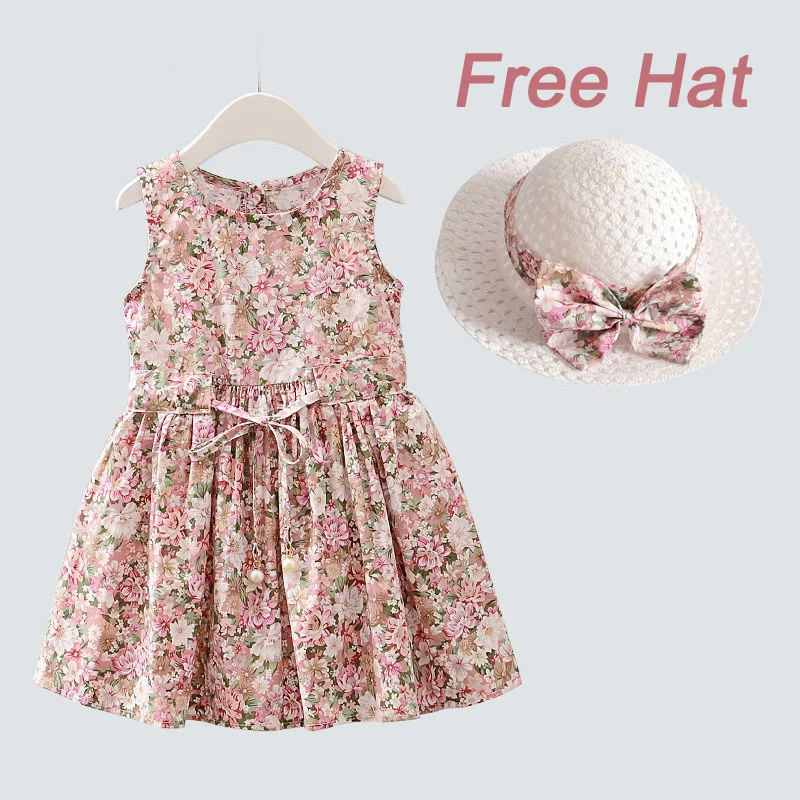 

1 2 3 4 5 6 Years Girls Dress + Hat 2PCS/Set Summer Cotton Comfortable Children's Dress Floral Girls' Sleeveless Dress for Kids