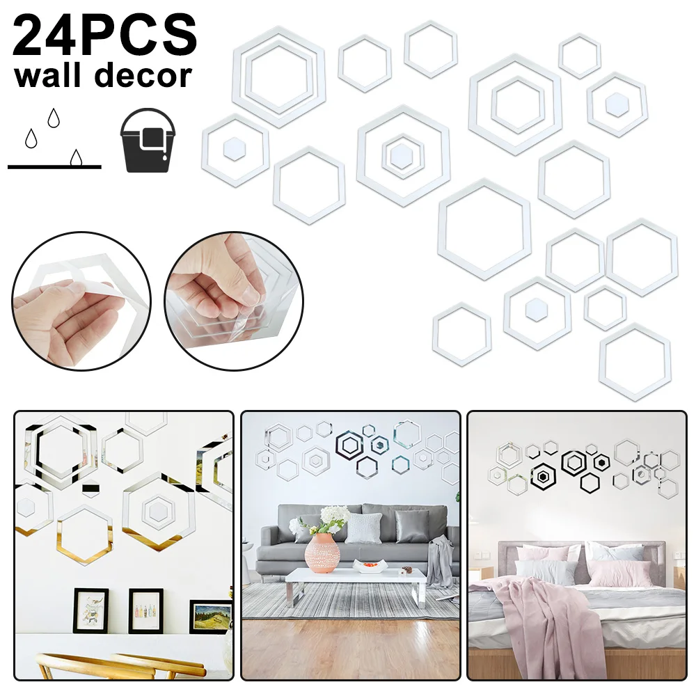 

24pcs Mirror Wall Decorations Hexagonal Stickers Acrylic Decals for Bedroom Living Room Background DIY Wall Decoration