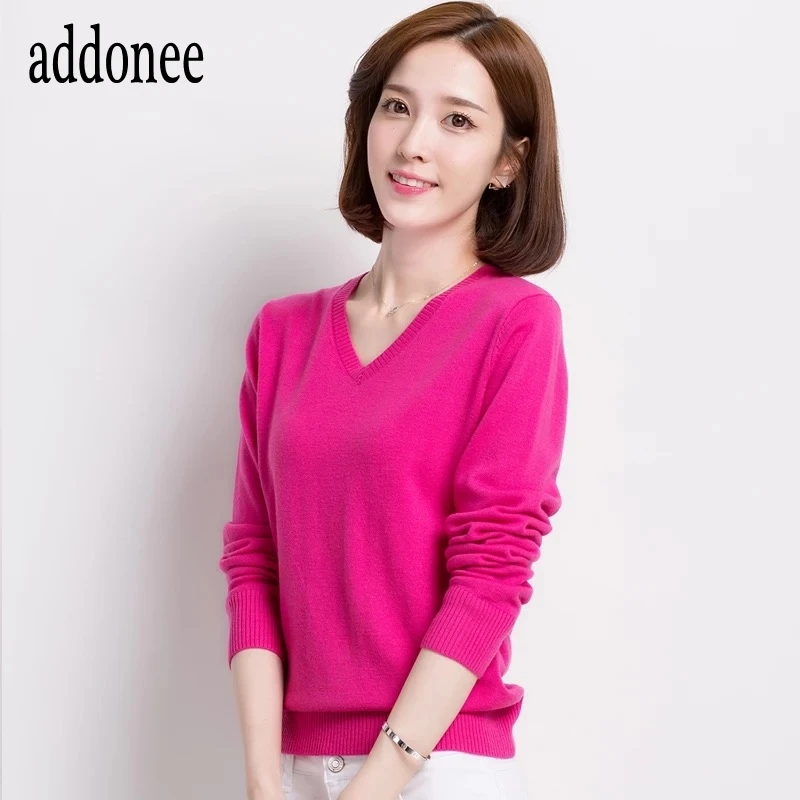 Loose Pure Colors European Style V-Neck Pullover Sweater Women Female Fashion Base Knitted Cashmere Wool High Quality | Женская одежда