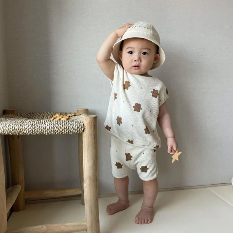 

2021 Baby Summer Suit Boys and Girls Round Neck Sleeveless Print Bear Two-piece Suit Girls Boutique Outfits