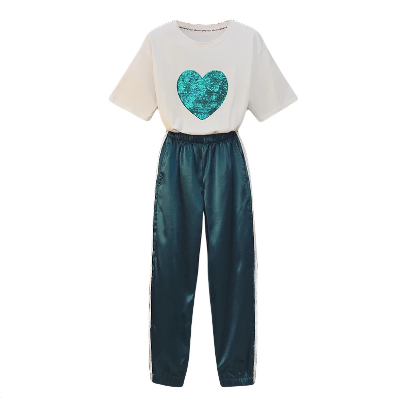

2021 New Summer Tracksuit For Women O-Neck Sequin Cotton White T-Shirt + Elastic Waist Green Pants Sports Suits Female Clothing