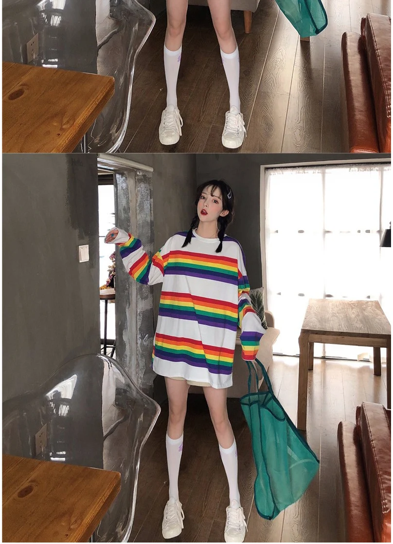 Женская футболка SAutumn Топы в Корейском стиле Ulzzang Harajuku Радужная полосатая футболка для женщин футболка с длинными рукавами женская повседневная одежда