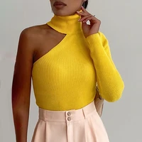 2021 autumn woman fashion casual high neck one shoulder skinny knit top warm sweater daily wear yellow long sleeve tops casual