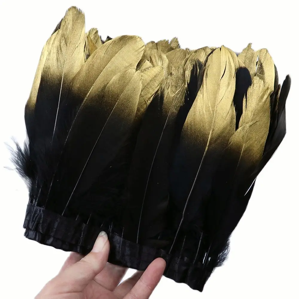 

Black Tip Dold Goose Feathers Trims Lace Natural Swan Feathers Ribbon Carnival Clothing Decoration Feathers for Craft Wholesale