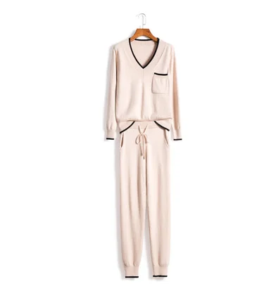 Бежевый Time-limited Full Wool New Cashmere Suit Fashion Color Matching V-neck Sweater And Feet Pants Warm Two Piece Set Apricot - Цвет: Бежевый