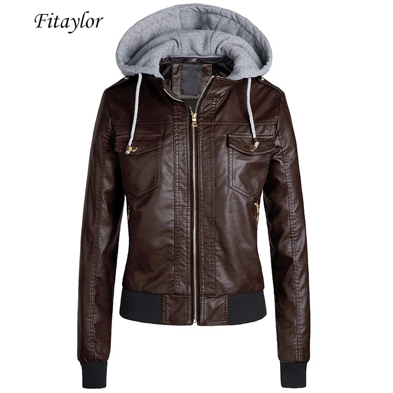 Куртка женская зимняя из искусственной кожи на молнии с капюшоном|Кожаные