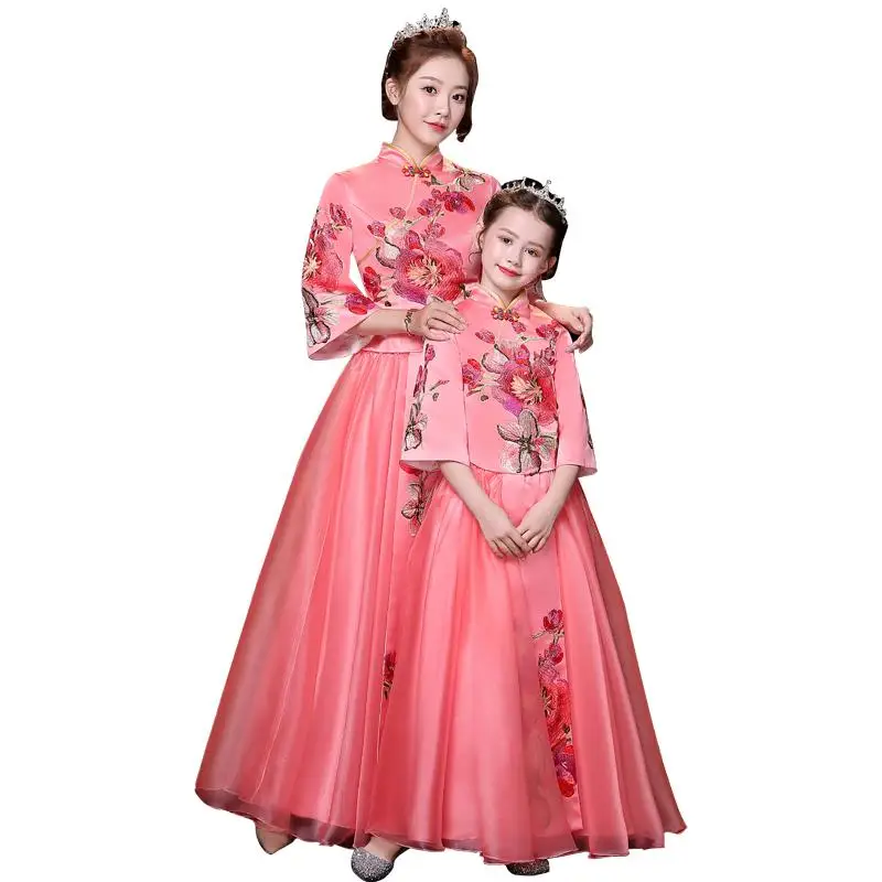 Комплект одежды для мамы и дочки 2020 г. Весеннее платье с цветочным узором Qipao Hanfu