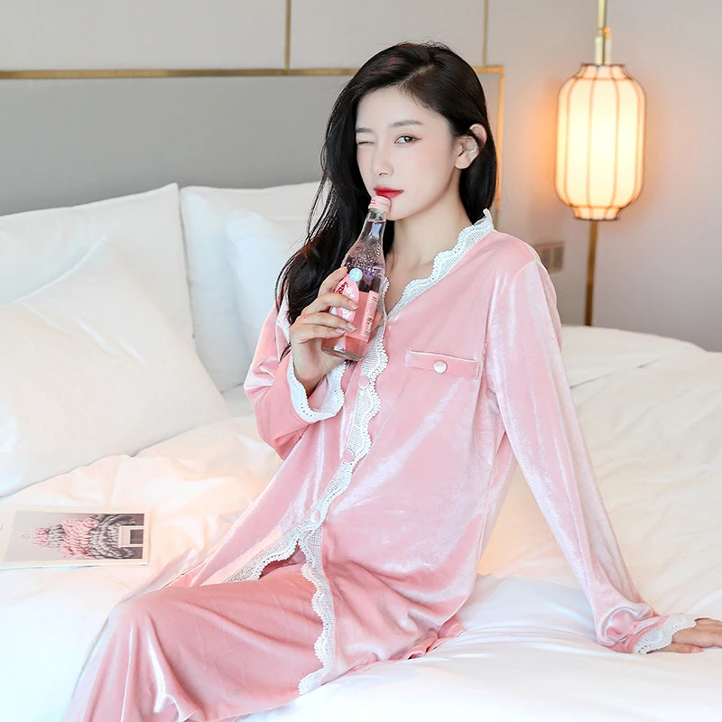 Пижамный комплект осень-зима золотистый бархатный женский свободный кардиган с