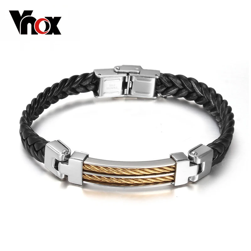 Vnox модные черные Кожаные браслеты Для мужчин Jewelry Проволока из нержавеющей стали