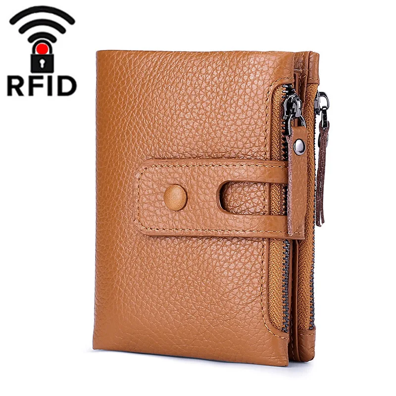 

Men's Wallet RFID Blocking Anti Theft Vertical Short Snap Zipper Wallet Genuine Leather Purse Man High Quality