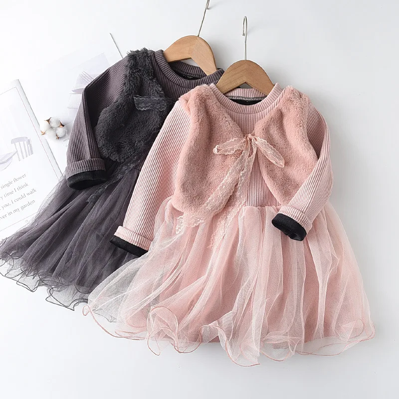 

Kids Autumn Winter Dresses for Girls Plush Bowknot Princess Half-length Mesh Pleated Party Dress Baby Children Clothing